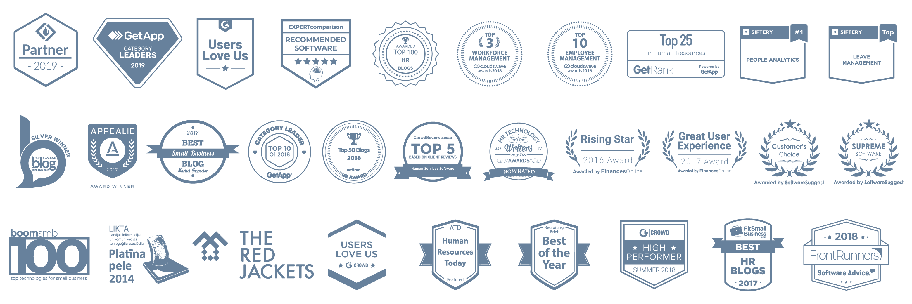 Logo's van onderscheidingen die Sage HR heeft ontvangen